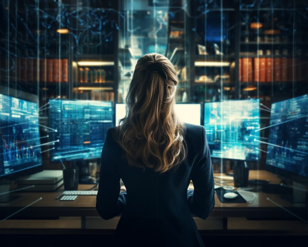 woman sitting in a office in front of multiple computer screens, looking at web hosting.